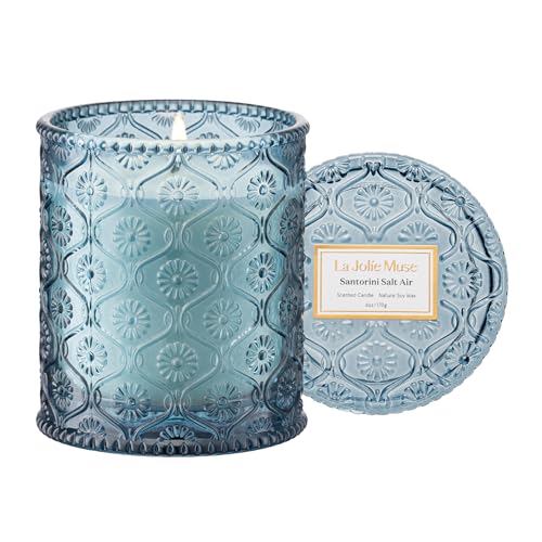 LA JOLIE MUSE Santorini Salt Air Scented Candles for Home, Soy Wax 40 Hrs | Luxury Blue Jar Candle, Natural Clean Non Toxic, Fresh Summer Ocean Candles, Relaxing Gifts for Women & Men, Bergamot & Sea - color: Santorini Salt Air
