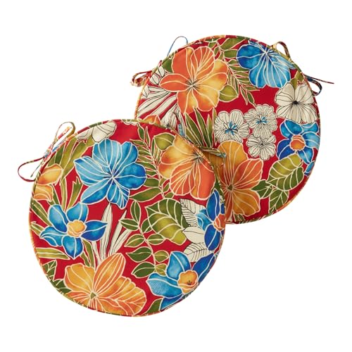 Set of 2 Outdoor 18 inch Round Patio Dining Chair Pads – Comfortable Fiber-Filled Seat Cushions with Ties, Reversible Polyester Fabric, Aloha Red Floral - color: Aloha Red Floral