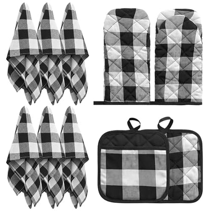 10 Pcs Buffalo Check Dish Towels Pot Holders Oven Mitts Set, Polyester Cotton Plaid Kitchen Napkins & Non-Slip Heat Resistant Oven Gloves & Placemats for Cooking Baking Grilling Farmhouse Decor (Black