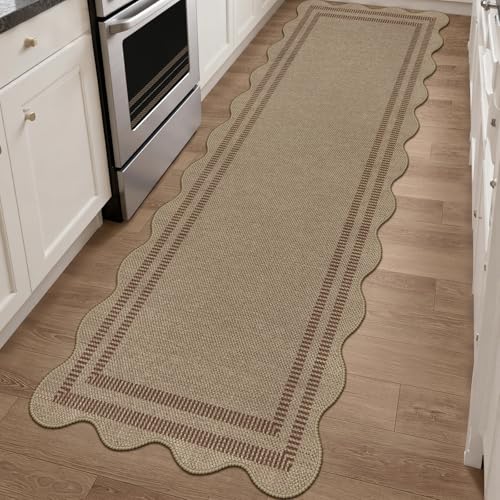 Scalloped Easy Jute 2.6x8 Kitchen Runner Rug, Washable Rugs for Entryway Non Slip Outdoor Indoor Long Rug, Farmhouse Modern Carpet for Hallway Bedroom - color: Brown Geometric-2, size: 2.6'x8' (Runner)