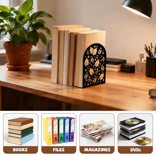 5.3"x4.3"x7.9" Metal Bookends, Heavy Duty Book Ends for Shelves | Leaf Nature Silhouettes Theme Cast Iron Book Supports, 1 Pair Decor Stoppers for Desk, Library, Office & Home Shelves - style: Leaf Nature Silhouettes
