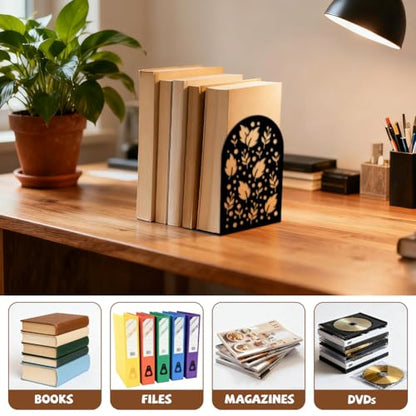 5.3"x4.3"x7.9" Metal Bookends, Heavy Duty Book Ends for Shelves | Leaf Nature Silhouettes Theme Cast Iron Book Supports, 1 Pair Decor Stoppers for Desk, Library, Office & Home Shelves - style: Leaf Nature Silhouettes