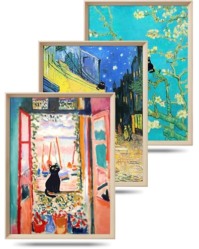 UPWOIGH Classic Art Black Cat Framed Wall Art, 12 x 16 Inch, Set of 3 | Matisse and Van Gogh Inspired Scenes, Colorful Black Cat Prints, Beige Oak Wood Frames for Bedroom, Office and Gallery Wall - color: Pink and Yellow