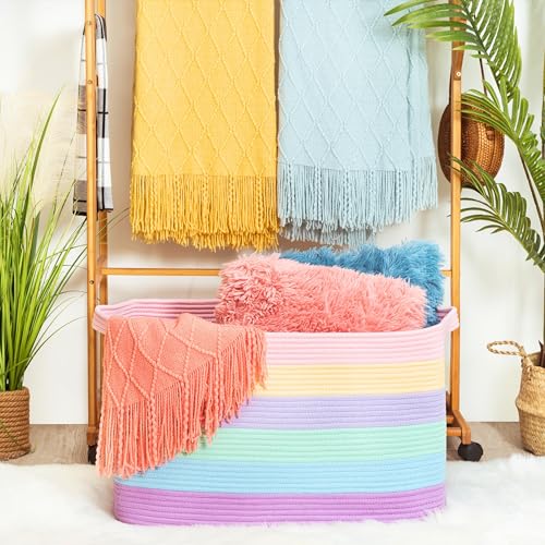 22in Extra Large Blanket Basket Holder Living Room, Rectangle Rope Woven Storage Basket with Handles for Laundry, Pool Towels, and Shoes, Dog Toy Organizer Bin Box, Pastel Rainbow