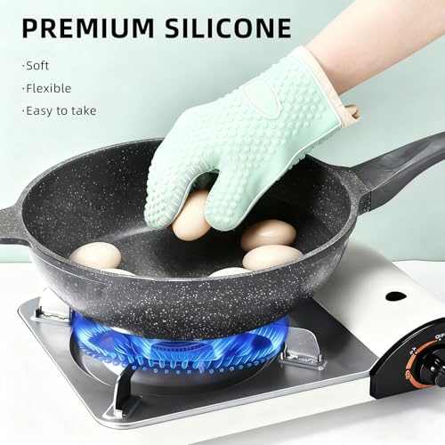 Silicone Oven Mitts, Non-Slip Waterproof Heat Resistant 450 Degrees Kitchen Gloves with Fingers, Cotton Lined Mitt for Grilling Cooking Baking - Mint Green (2 Pieces)