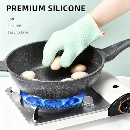 Silicone Oven Mitts, Non-Slip Waterproof Heat Resistant 450 Degrees Kitchen Gloves with Fingers, Cotton Lined Mitt for Grilling Cooking Baking - Mint Green (2 Pieces)