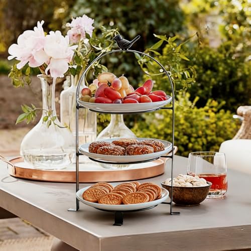 SparkWorks 3 Tiered Cake Stand, Tea Party Serving Platter, Dessert and Cupcake Stand, Metal Tiered Serving Stand Includes Three Premium White Stoneware Plates - size: 8.5 inch