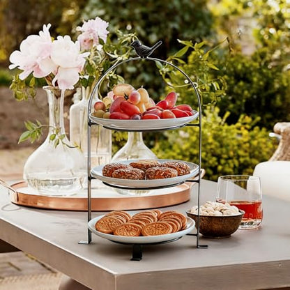 SparkWorks 3 Tiered Cake Stand, Tea Party Serving Platter, Dessert and Cupcake Stand, Metal Tiered Serving Stand Includes Three Premium White Stoneware Plates - size: 8.5 inch