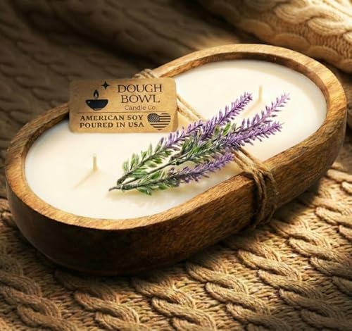 Dough Bowl Candle Co. Wooden Bowl Candle - 20 Oz. 10x6x2 3-Wick Large Lavender Soy Candles for Home Scented, Long Lasting Aromatherapy for Women and Men with Up to 40H Burn Time, Decoration Gifts - size: 3-Wick