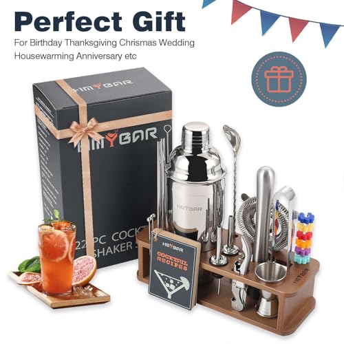HMYBAR® 22-Piece Cocktail Shaker Set, Mixology Bartender Kit with 24oz Cobbler Shaker, Home Bar Tool Set with Brown Bamboo Stand, 39 Recipe Cards, Glass Markers, Gift for Men & Dad - color: Brown