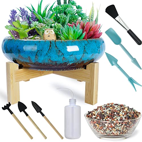 Succulent Pots, 10 Inch Large Succulent Planters with Stand - Ceramic Bonsai Pot with Drainage for Indoor Plants Cactus Flower Planter Pot Plus Succulent Planting Tools Set & 2.2lb Mix Pebbles - color: Blue With Mix Lava Rock Pebbles