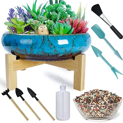 Succulent Pots, 10 Inch Large Succulent Planters with Stand - Ceramic Bonsai Pot with Drainage for Indoor Plants Cactus Flower Planter Pot Plus Succulent Planting Tools Set & 2.2lb Mix Pebbles - color: Blue With Mix Lava Rock Pebbles
