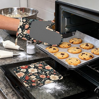 Floral Boho Heat-Resistant Silicone Oven Mitts and Pot Holder 4 Piece Set,Pink Flower Non-Slip Kitchen Oven Gloves for Baking, BBQ, Cooking,Grilling - color: Floral Boho Pink Flower