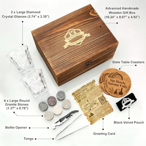 Whiskey Stones Gift Set, 2 Large Crystal Whiskey Glasses in Wood Gifts Box | 6 Granite Scotch Chilling Rocks, Tongs & Velvet Pouch, Best Gifts for Men Dad Husband Him Christmas Birthday Holiday Present - style: Diamond Glasses+Round Stones
