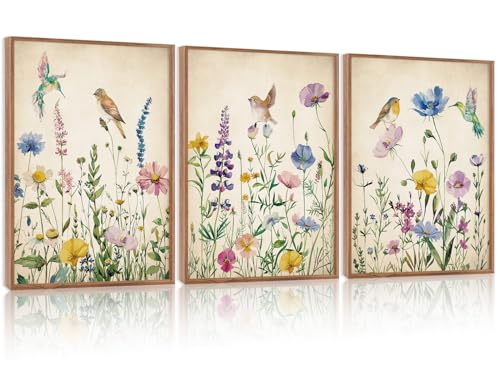 HPNIUB Vintage Wildflower Birds Framed Canvas Wall Art Set, Modern Nature Botanical Wall Decor, Colorful Floral Art Prints Spring Artwork for Living Room Dining Room Bedroom(Set of 3,12X16 Inch) - color: Vintage Wildflower Birds Wall Art
