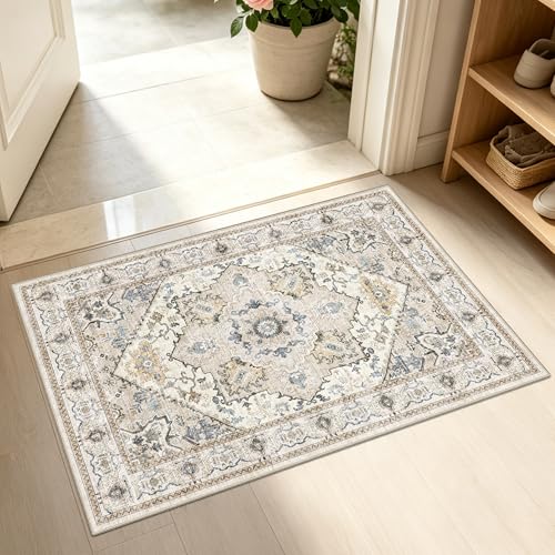 AooHHooA 2x3 Washable Non-Slip Boho Area Rug for Kitchen Bathroom Entryway Bedroom, Beige Vintage Print Stain Resistant Home Decor - color: Beige, size: 2' x 3' (Rectangular)