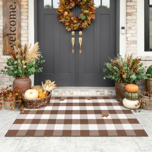Uphome Bufflo Plaid Outdoor Rug 3'x5', Fall Decor Checkered Front Door Mat, Indoor Outdoor Farmhouse Cotton Porch Rug for Layered Door Mats, Washable Brown Area Rugs for Patio Entryway Kitchen - color: Brown, size: 3'x5'
