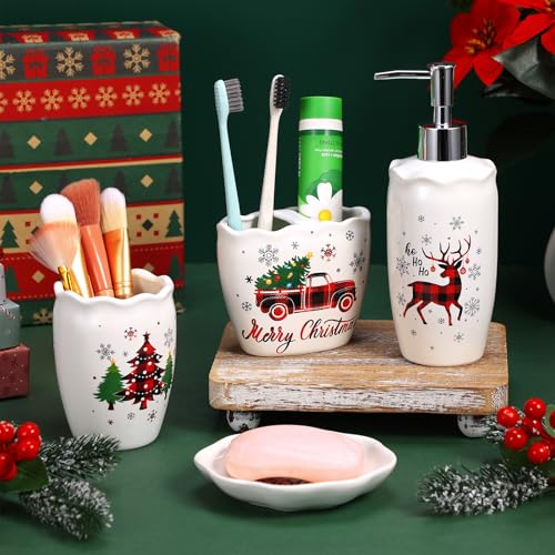 Christmas Bathroom Accessories Set of 4, Christmas Buffalo Bathroom Decor Merry Christmas Bathroom Tumbler Soap Dispenser Toothbrush Holder Soap Dish for Winter Xmas Theme Bathroom Decoration - style: Christmas
