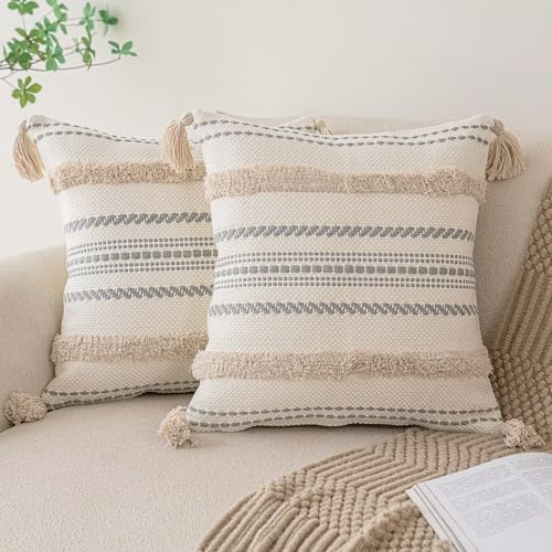 BUIOVBEY Boho Throw Pillow Covers Woven Tufted Pillow Cases with Tassels | Farmhouse Pillow Covers 20x20 Set of 2 Textured Striped Cushion Case Neutral Decorative Pillowcase for Sofa Couch Bed Khaki - color: Khaki, size: 20" x 20" (Pack of 2)