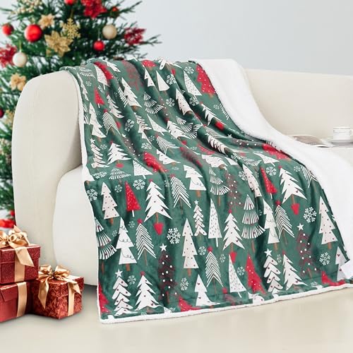 Elegant Comfort Reversible and Ultra-Plush Flannel Fleece-Winter Christmas Sherpa Throw- Lightweight Soft and Cozy-Holiday Decorative Throw, Perfect for Lounging, 50 x 60 inches, Hunter Christmas Tree - color: Hunter Christmas Tree, size: 50 X 60