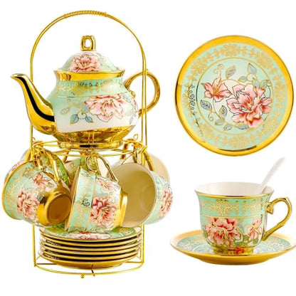 20 Pieces Porcelain Tea Set With Metal Holder, European Ceramic tea set for adults,Flower Tea Set,Tea Set For Women With Flower Painting（Light Green） - color: Light Green