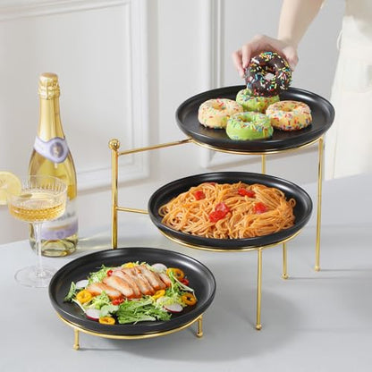 MALACASA Round 3 Tier Serving Tray, 10 Inch Black Porcelain Dessert Stand | Round Black Porcelain Trays with Gold Metal Rack for Cupcakes, Cakes, Fruit and Appetizers, MIcrowave,Dishwasher Safe - color: Black Gold