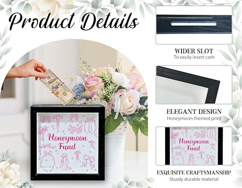 Honeymoon Fund Box, 8×8 Wedding Shadow Box Frame with Slot, Pink Bows Wedding Money Saving Decoration for Reception Bridal Shower, Travel Fund Memory Keepsake Gift for Newlyweds -A02 - size: 8×8 pink bows