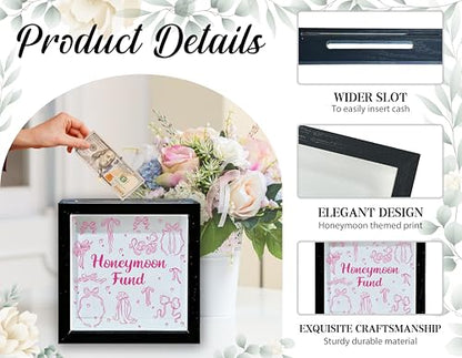 Honeymoon Fund Box, 8×8 Wedding Shadow Box Frame with Slot, Pink Bows Wedding Money Saving Decoration for Reception Bridal Shower, Travel Fund Memory Keepsake Gift for Newlyweds -A02 - size: 8×8 pink bows