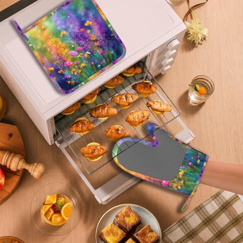 Wild Lavender Oven Mitts and Pot Holders Sets Silicone Heat Resistant Kitchen Oven Gloves Pot Holder for Cooking Baking Grilling BBQ - color: Wild Lavender