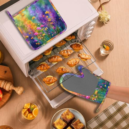 Wild Lavender Oven Mitts and Pot Holders Sets Silicone Heat Resistant Kitchen Oven Gloves Pot Holder for Cooking Baking Grilling BBQ - color: Wild Lavender