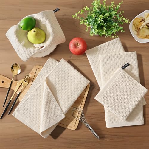 Homaxy 100% Cotton Terry Kitchen Towels(15" x 25", 6 Pack), Beige | Soft and Super Absorbent Dish Towels, 380 GSM Reusable Tea Towel with Hanging Loop, Pineapple Grid Designed - color: Beige, size: 15 x 25 - 6 Pack