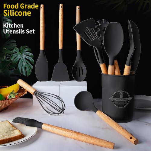 Silicone Cooking Utensils Set, 12Pcs Large Heat Resistant Kitchen Utensils, Turner Tongs, Spatula, Spoon, Wooden Handle Kitchen Gadgets with Holder for Nonstick Cookware, Dishwasher Safe (Black) - color: Black