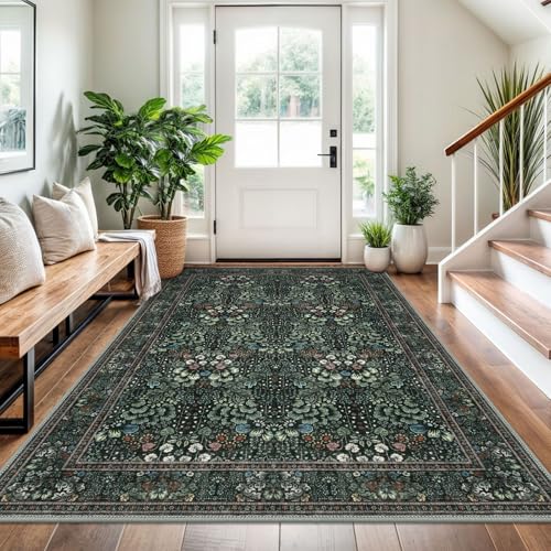 SIILOOM 4x6 Washable Area Rug Non Slip Door Mat Indoor for Entryway Bedside | Dark Green(Modern) Soft Boho Vintage Floral Spill & Stain Resistant Low Pile Carpet for Kitchen Front Backdoor Bedroom - color: Dark Green(modern), size: 4' x 6' (Rectangular)