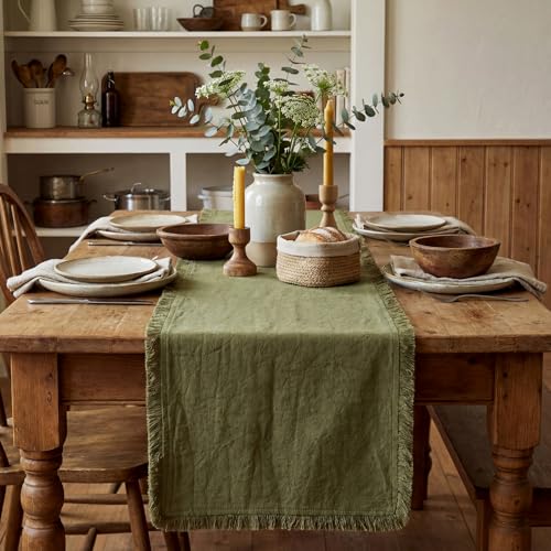 Chumia Olive Green Boho Table Runner with Tassels 12x72 Inches Farmhouse Small Macrame Woven Cotton Rustic Coffee Dresser Table Runner for Living Room Home Dining Kitchen Centerpiece Bohemian Decor