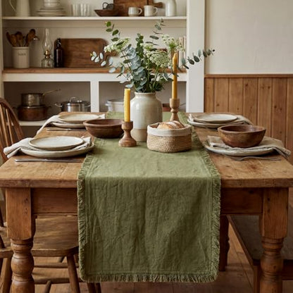 Chumia Olive Green Boho Table Runner with Tassels 12x72 Inches Farmhouse Small Macrame Woven Cotton Rustic Coffee Dresser Table Runner for Living Room Home Dining Kitchen Centerpiece Bohemian Decor