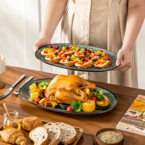 vancasso Ceramic Serving Platters Set of 3, Oval 16/14.7/13.5 Inch Stoneware Serving Dishes for Entertaining, Microwave Safe Serving Trays for Food, Turkey, Cheese, Party, Reactive Glaze Green - color: Green