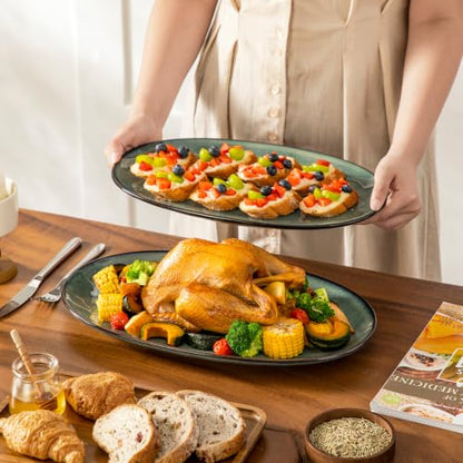 vancasso Ceramic Serving Platters Set of 3, Oval 16/14.7/13.5 Inch Stoneware Serving Dishes for Entertaining, Microwave Safe Serving Trays for Food, Turkey, Cheese, Party, Reactive Glaze Green - color: Green