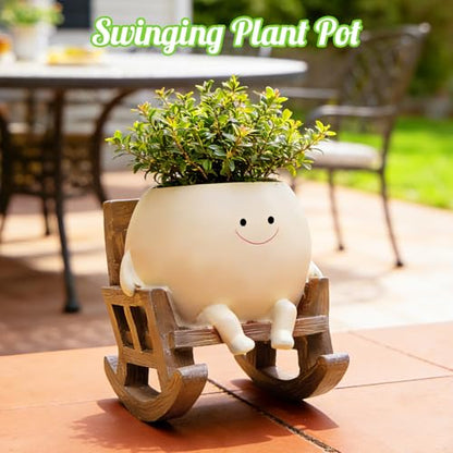 Smiley Face Planter Pot, Cute Resin Flower Head Planters for Indoor Outdoor, Unique Rocking Chair Plant Pot for Succulents Plants Live with Drainage Hole, Gift IdeaI for Mother Christmas (Small)