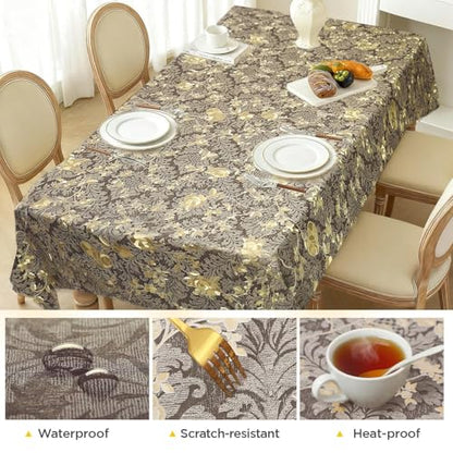Rectangle Table Cloth Elegant Gold Vine Flower PVC Waterproof Spill-Proof Vinyl Fitted Microfiber Tablecloths Wipeable Washable Stain-Resistant Table Cover Dining Christmas (Antique Brass,54" X 78") - color: Antique Brass