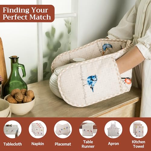 Maison d' Hermine Double Oven Mitts 100% Cotton Double Oven Glove (7"x35") | Heat Resistant BBQ Cooking Gloves with Loop Baking Grilling Kitchen Hotel Home Farmhouse Spring Summer - Birdies on Wire - color: 003 - Birdies on Wire, size: 7" x 35" (Double Ov