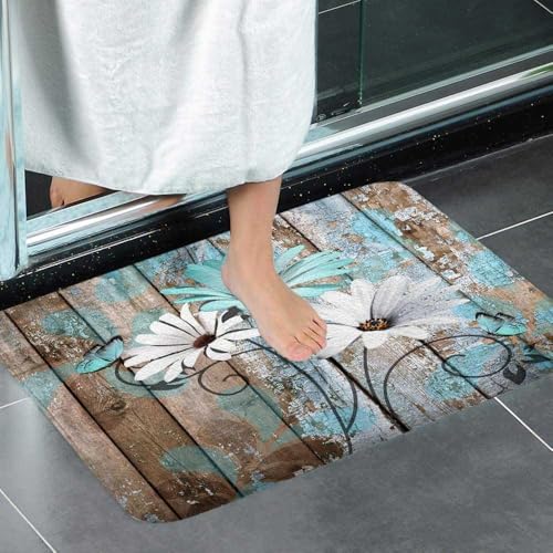 JAWO 4 Piece Teal Daisy Flower on Rustic Wooden Plank Country Style Shower Curtain Sets with Non-Slip Rugs, Toilet Lid Cover and Bath Mat, Shower Curtain with 12 Hooks - color: Teal-01, size: 5'10" x 5'10" (Rectangular)