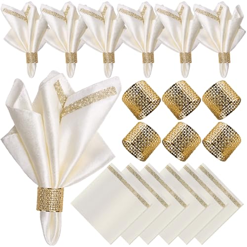 12 Pack Cloth Napkins and Gold Napkin Rings Set of 6, 17x17 Bling Trim Satin Cocktail Napkins Cloth Washable Personalized Dinner Napkins for Wedding Party Holiday Decorative | 17x17 Inch Personalized White Napkins Set, Washable Fancy Dinner & Cocktail Nap