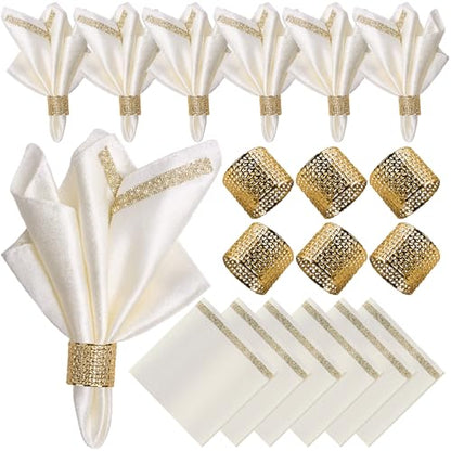 12 Pack Cloth Napkins and Gold Napkin Rings Set of 6, 17x17 Bling Trim Satin Cocktail Napkins Cloth Washable Personalized Dinner Napkins for Wedding Party Holiday Decorative | 17x17 Inch Personalized White Napkins Set, Washable Fancy Dinner & Cocktail Nap