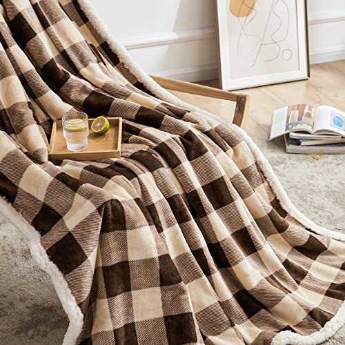 BEAUTEX Christmas Sherpa Fleece Twin Blanket Soft Warm Buffalo Plaid | Plush Blanket & Throw, Winter Cozy Fuzzy for Couch, Sofa, Bed (Brown, 60" x 80") - color: Brown, size: Twin-60"x80"