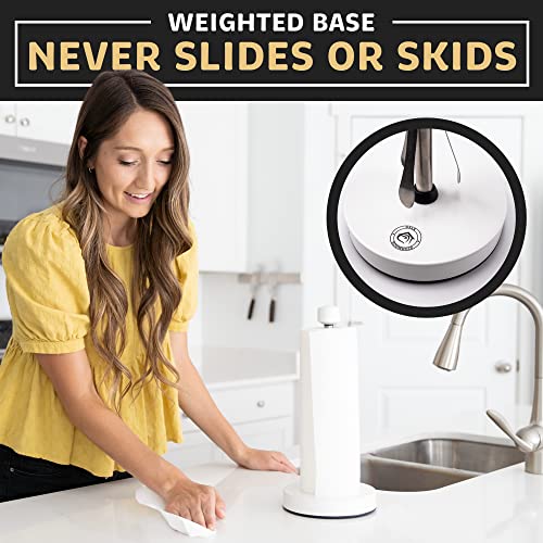 Heavy-Duty Stainless Steel Paper Towel Holder - Easy One-Handed Tear with Suction Cups - Modern Weighted Standing Countertop Dispenser for Kitchen - Holds All Paper Towel Rolls, White - color: White