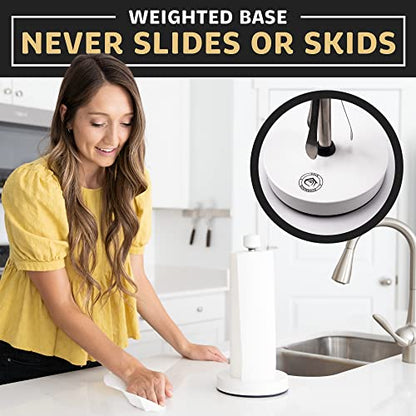 Heavy-Duty Stainless Steel Paper Towel Holder - Easy One-Handed Tear with Suction Cups - Modern Weighted Standing Countertop Dispenser for Kitchen - Holds All Paper Towel Rolls, White - color: White