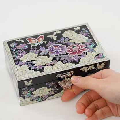 Korean Mother-of-Pearl Keepsake Box with Mirror – Floral & Butterfly Inlay – Handmade Trinket Memory Box – Black Lacquer Gift for Women, Birthday, Anniversary, Christmas (Peony & Butterfly) - style: Peony & Butterfly