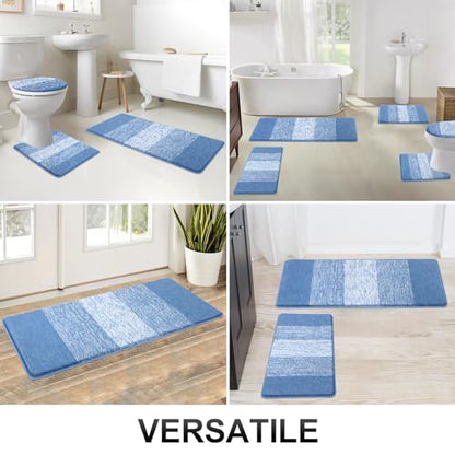 Bsmathom Bathroom Rug Set 5 Piece, Plush Microfiber Bath Mat, Blue | Extra Water Absorbent, Non Slip Washable Runner Bath Rugs with Toilet Lid Cover and U-shaped Contour Toilet Mat - color: Blue, size: 18"x26"+20"x31"+20"x48"+U20"x24"+Cover19"x21"