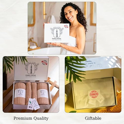 PÜSKÜL - Turkish Waffle Weave Towel Set - 100% Turkish Cotton Long-Staple Cotton, 4-Piece Bathroom Set (2 Bath, 2 Hand Towels) - Made in Turkey (Beige, Towel Set - 2 Hand & 2 Bath Towels) - color: Beige, size: Towel Set - 2 Hand & 2 Bath Towels