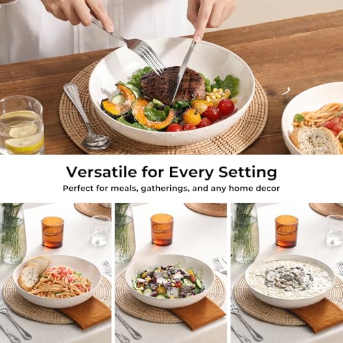 Y YHY Large Pasta Bowls, 45 oz Embossed Salad Bowls for Serving Soup, Noodle, Dessert, Dinner, Kitchen Deep Plates, 9.75" Porcelain Shallow Bowls, Soft White Dishes for House-warming Wedding Present - size: 9.75 IN